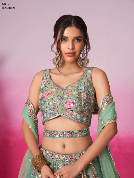 Vardan Sea Green Net Sequinned Designer Bridesmaid Lehenga