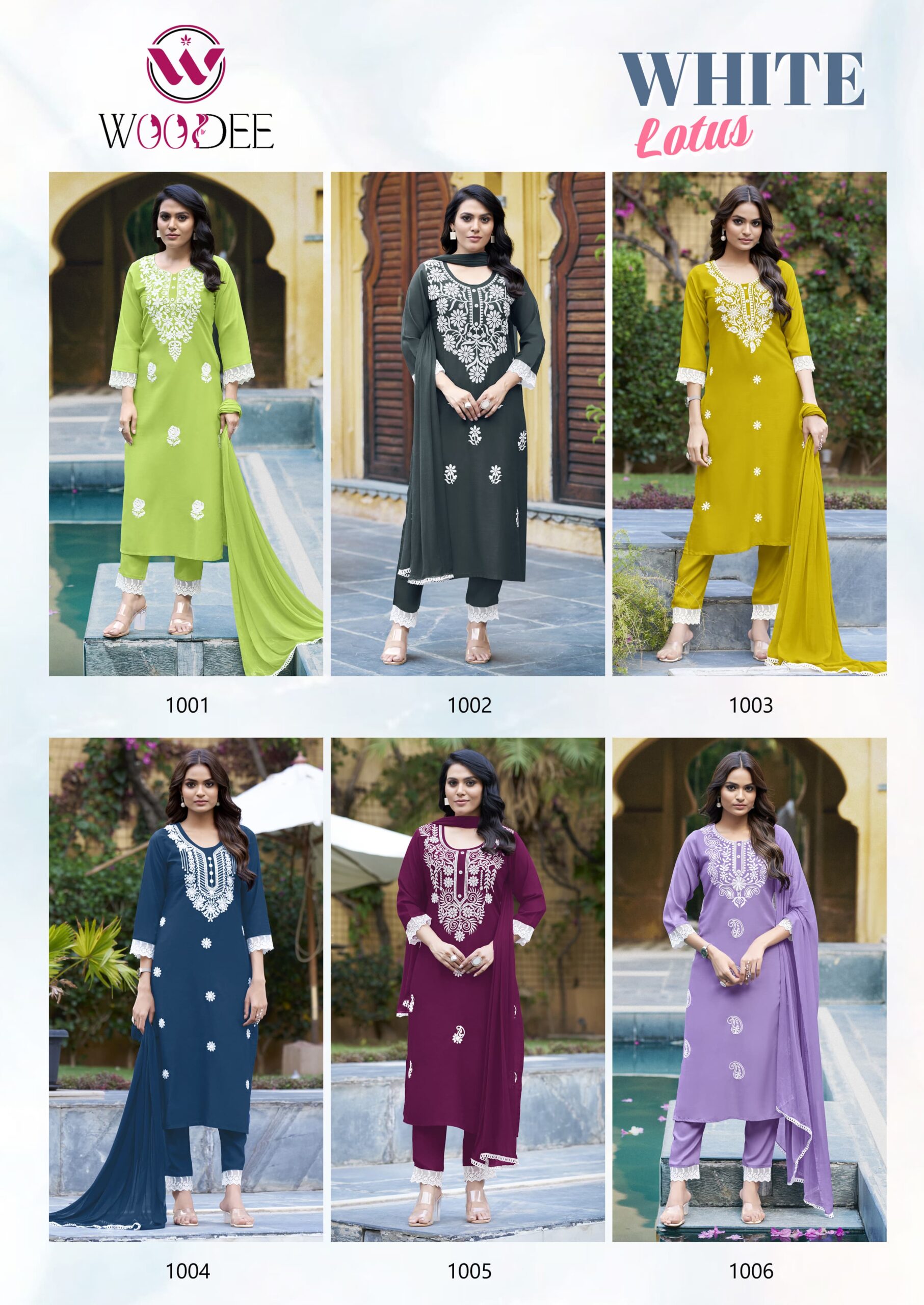 Woodee White Lotus Wholesale Rayon Slub Kurti with Bottom Dupatta — Wholesale Kurtis, Woodee wholesale from Surat — view 10