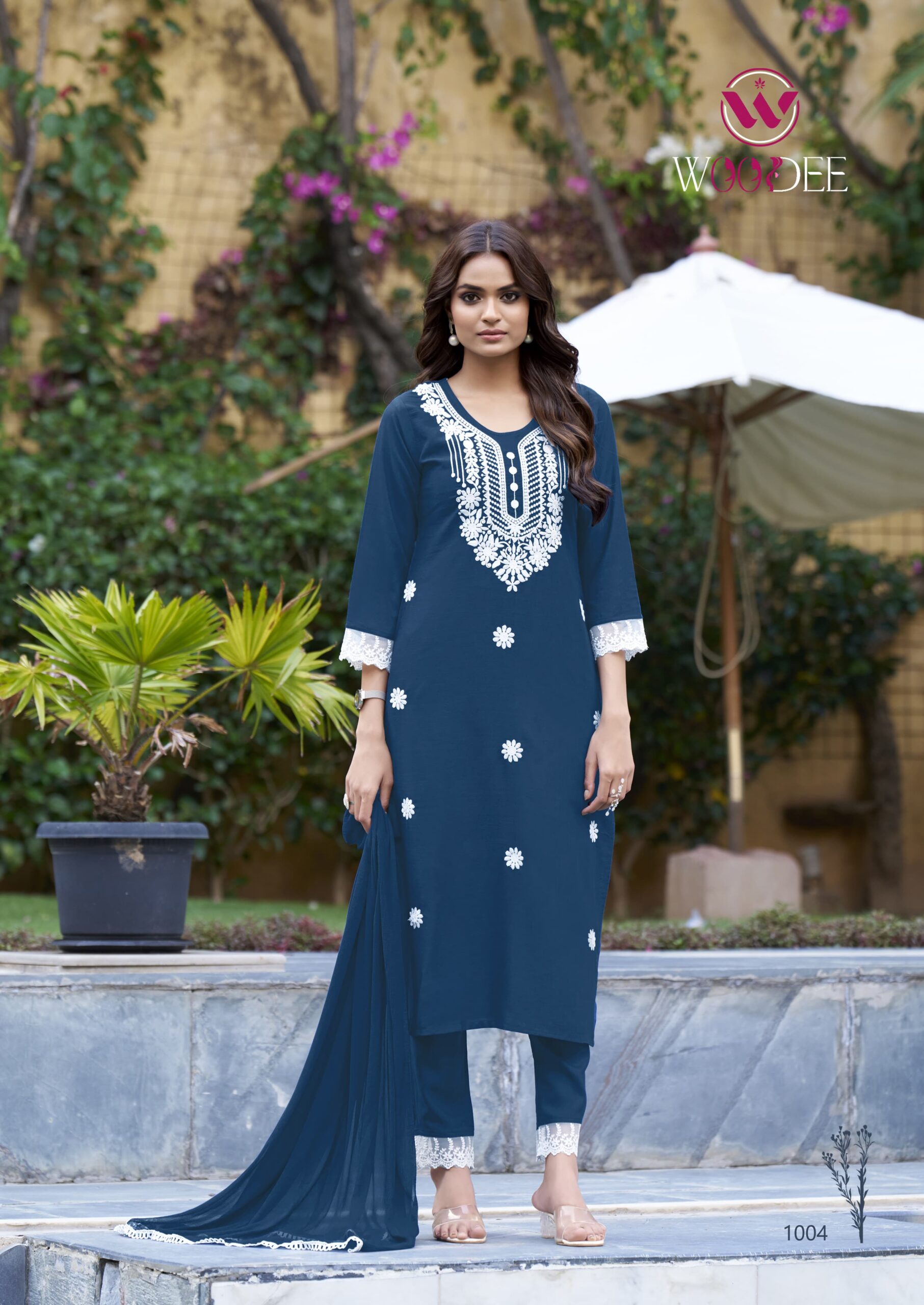 Woodee White Lotus Wholesale Rayon Slub Kurti with Bottom Dupatta — Wholesale Kurtis, Woodee wholesale from Surat - Gallery Image 5