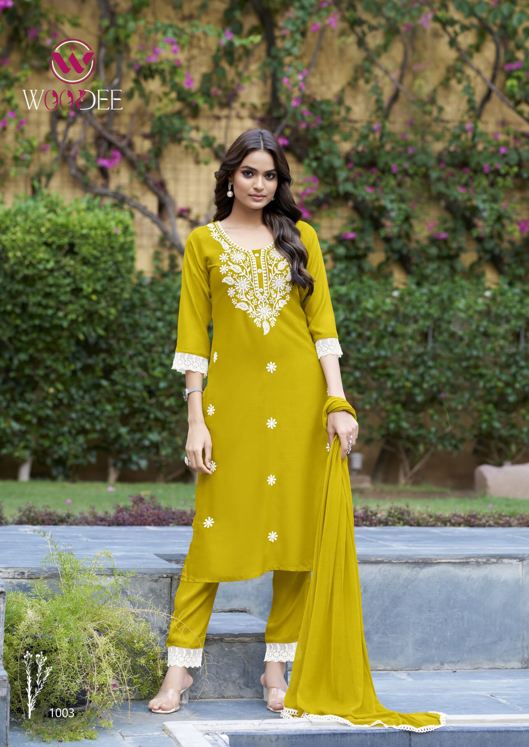 Woodee White Lotus Wholesale Rayon Slub Kurti with Bottom Dupatta — Wholesale Kurtis, Woodee wholesale from Surat - Gallery Image 7