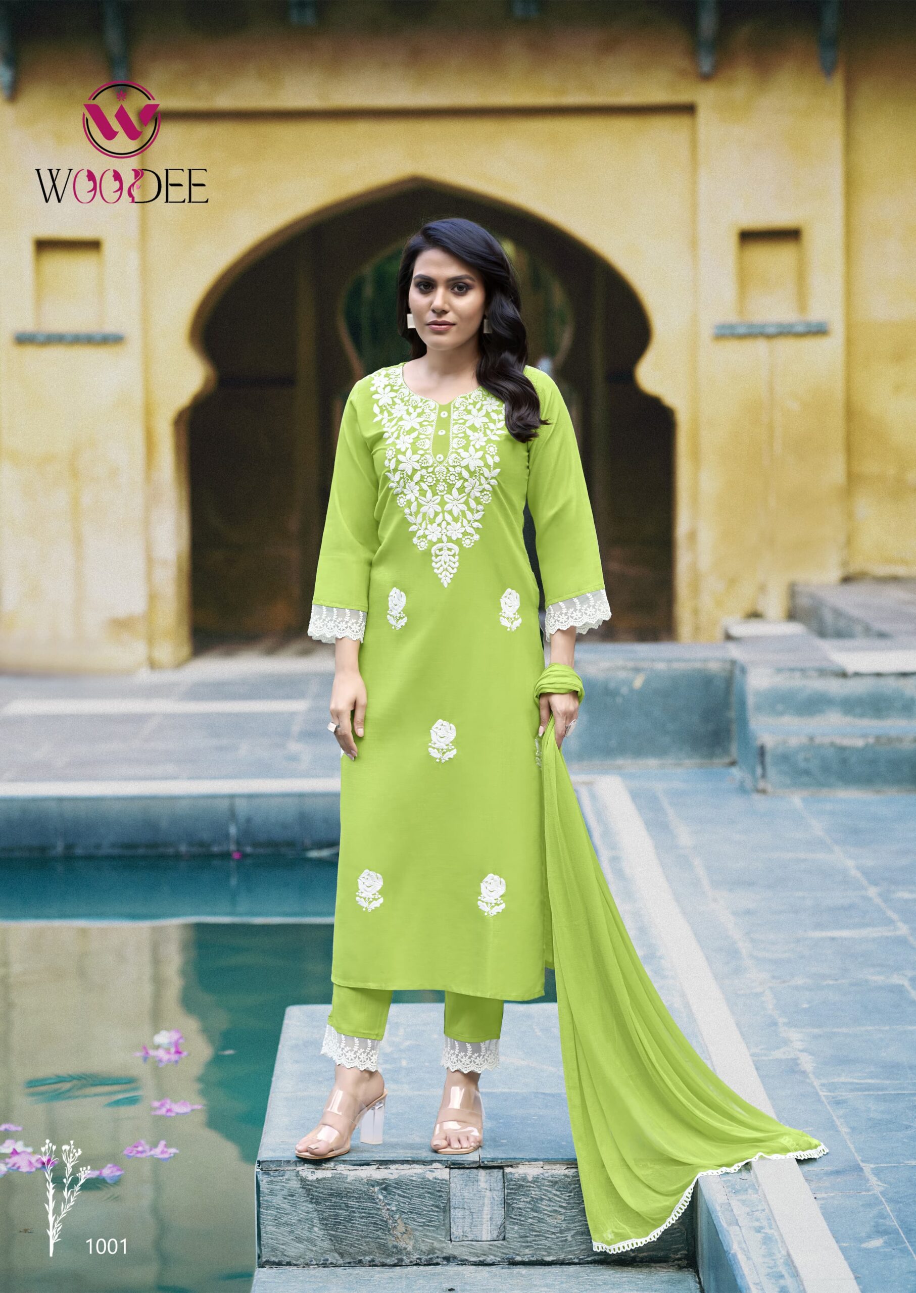 Woodee White Lotus Wholesale Rayon Slub Kurti with Bottom Dupatta — Wholesale Kurtis, Woodee wholesale from Surat - Gallery Image 8