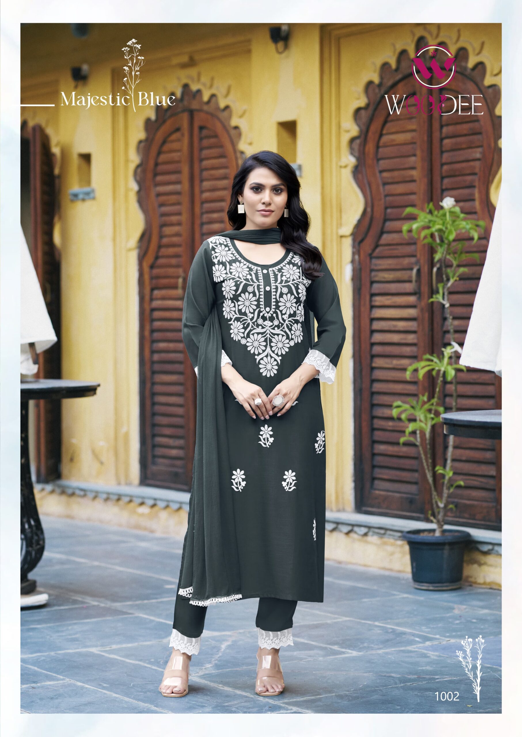 Woodee White Lotus Wholesale Rayon Slub Kurti with Bottom Dupatta — Wholesale Kurtis, Woodee wholesale from Surat - Gallery Image 3