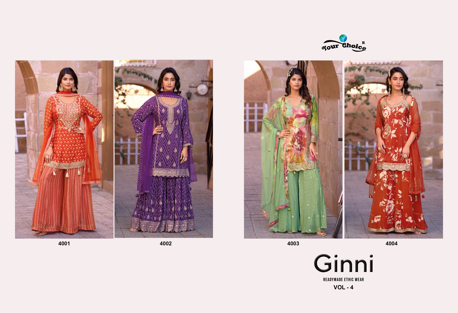 Your Choice Ginni 4 Heavy Chinon Sharara Suit Catalog - Image 6