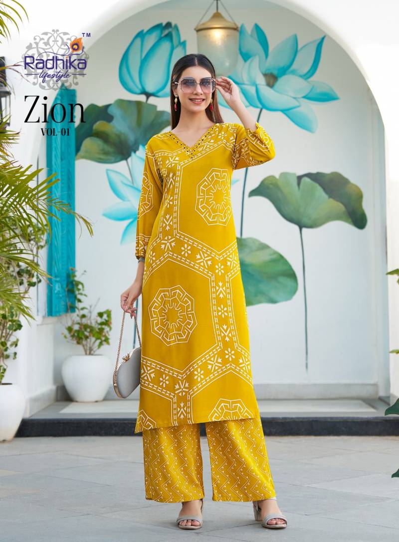 Radhika Zion Vol 1 Rayon Discharge Foil Printed Kurti With Pant
