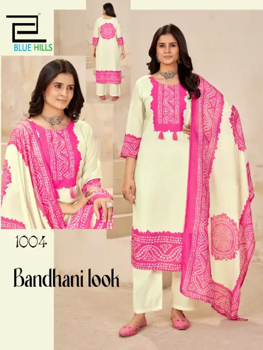 Blue Hills Bhandani Look Wholesale Poly Muslin Kurti With Bottom Dupatta