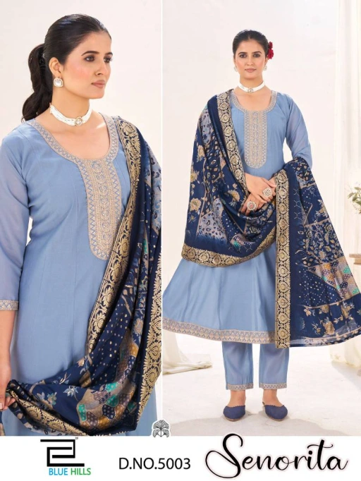 Blue Hills Senorita Wholesale Roman Aanrkali Kurti With Bottom Dupatta - Image 3