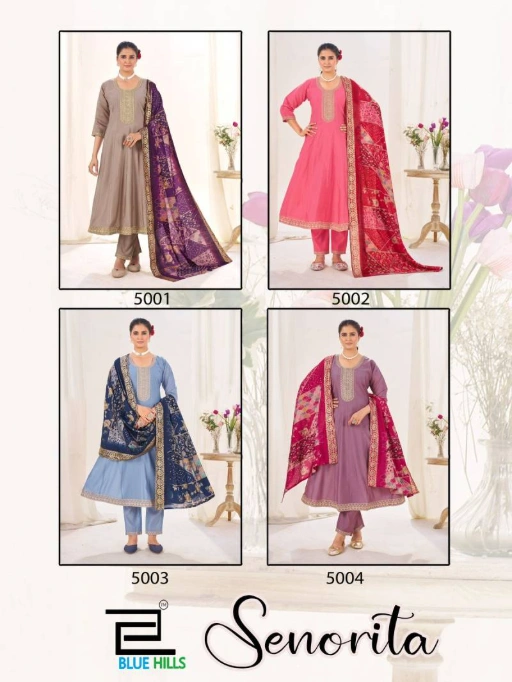 Blue Hills Senorita Wholesale Roman Aanrkali Kurti With Bottom Dupatta - Image 5