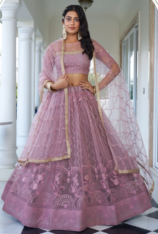 Dusty Pink Charm Butterfly Net Thread & Sequin Embroidered Lehenga