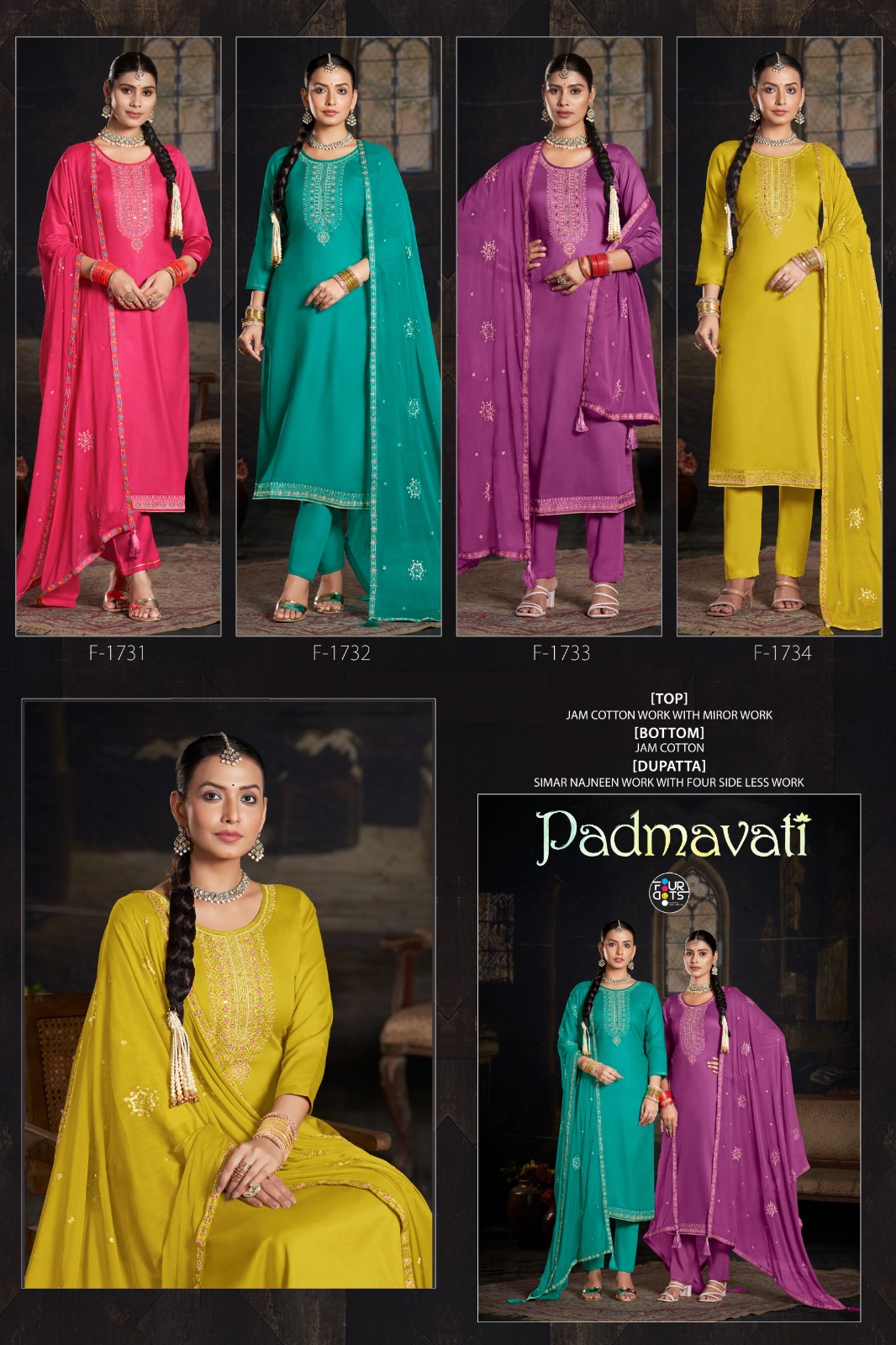 FOURDOTS Padmavati Wholesale Cotton Mirror Work Dress Material - Image 6