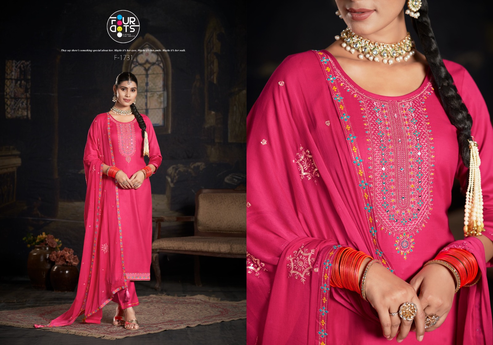 FOURDOTS Padmavati Wholesale Cotton Mirror Work Dress Material - Image 3