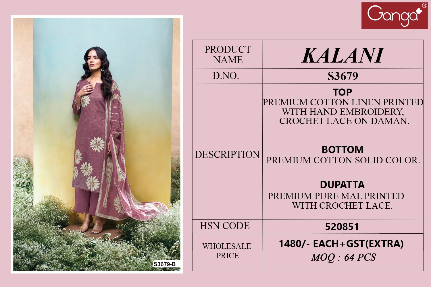 Ganga Kalani 3679 Wholesale Cotton Linen Salwar Kameez - Image 6