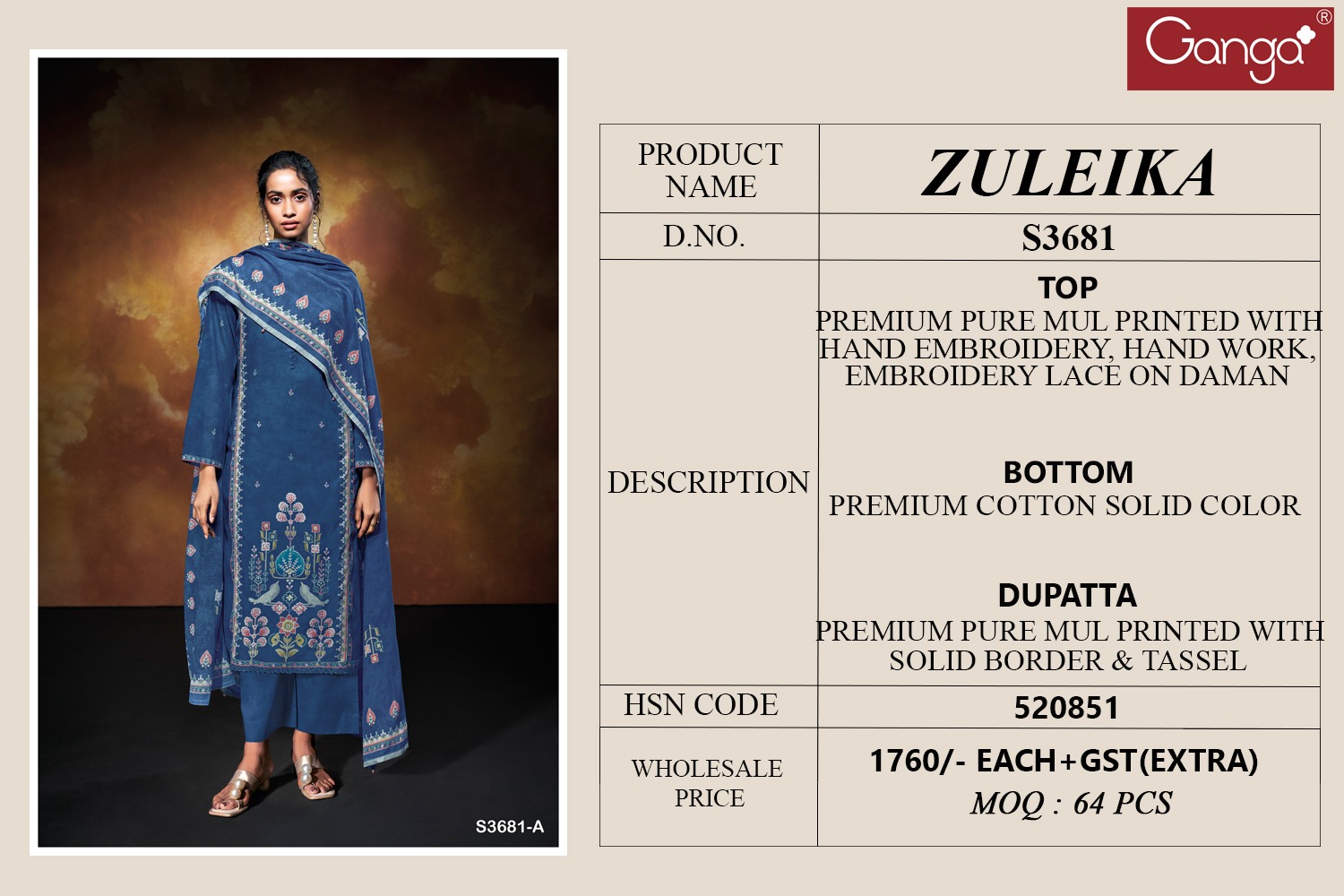 Ganga Zuleika 3681 Wholesale Pure Mul Cotton Salwar Kameez - Image 7