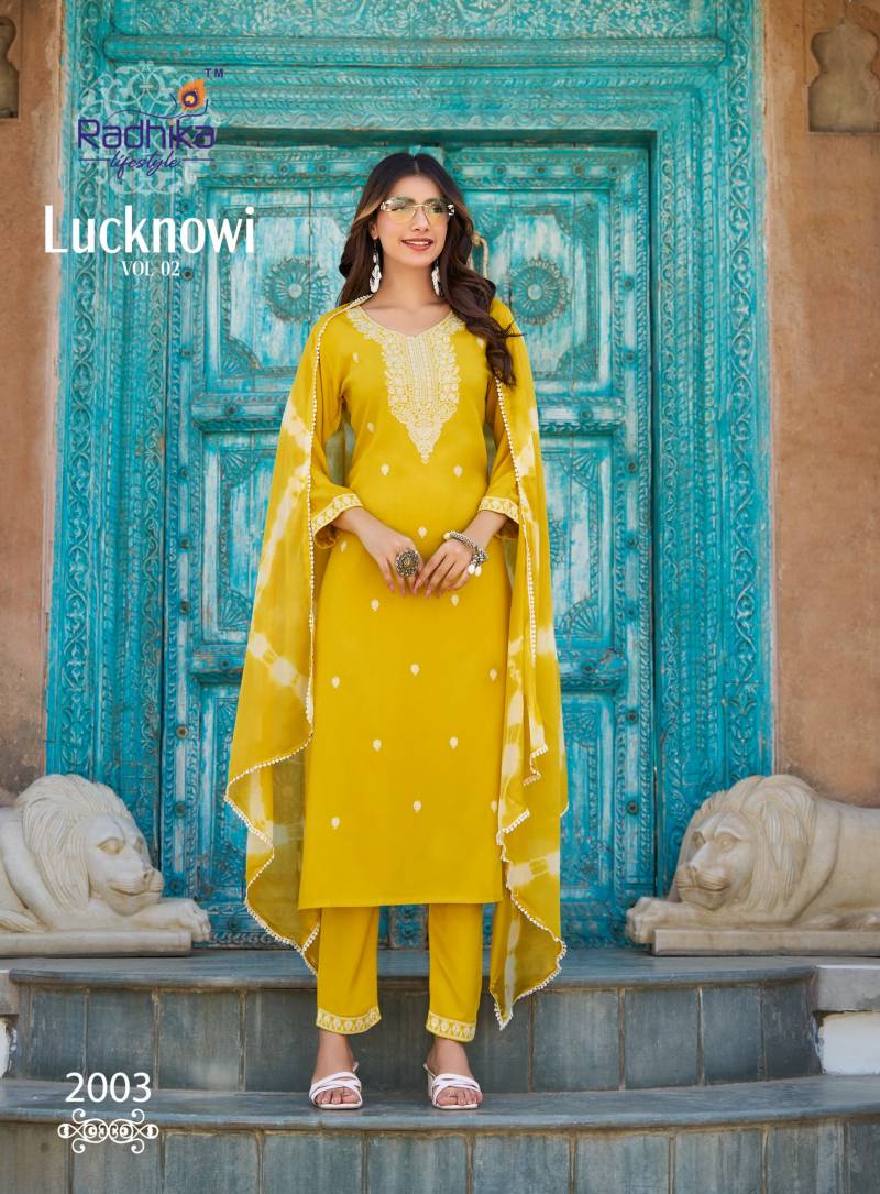 Radhika Lifestyle Radhika Lucknowi Vol 2 Wholesale Rayon Kurti Bottom Dupatta - Image 4