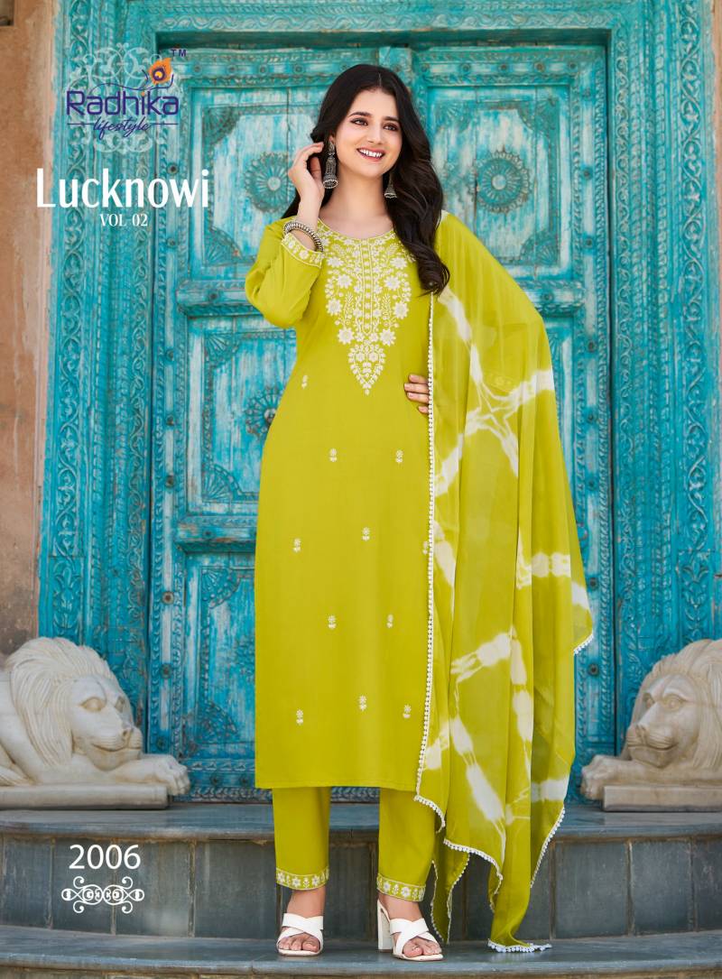 Radhika Lifestyle Radhika Lucknowi Vol 2 Wholesale Rayon Kurti Bottom Dupatta - Image 5