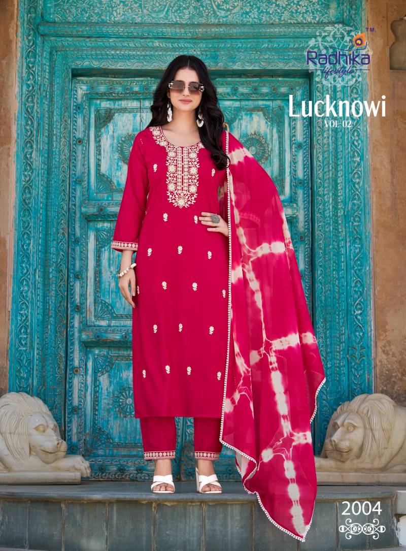 Radhika Lifestyle Radhika Lucknowi Vol 2 Wholesale Rayon Kurti Bottom Dupatta - Image 6