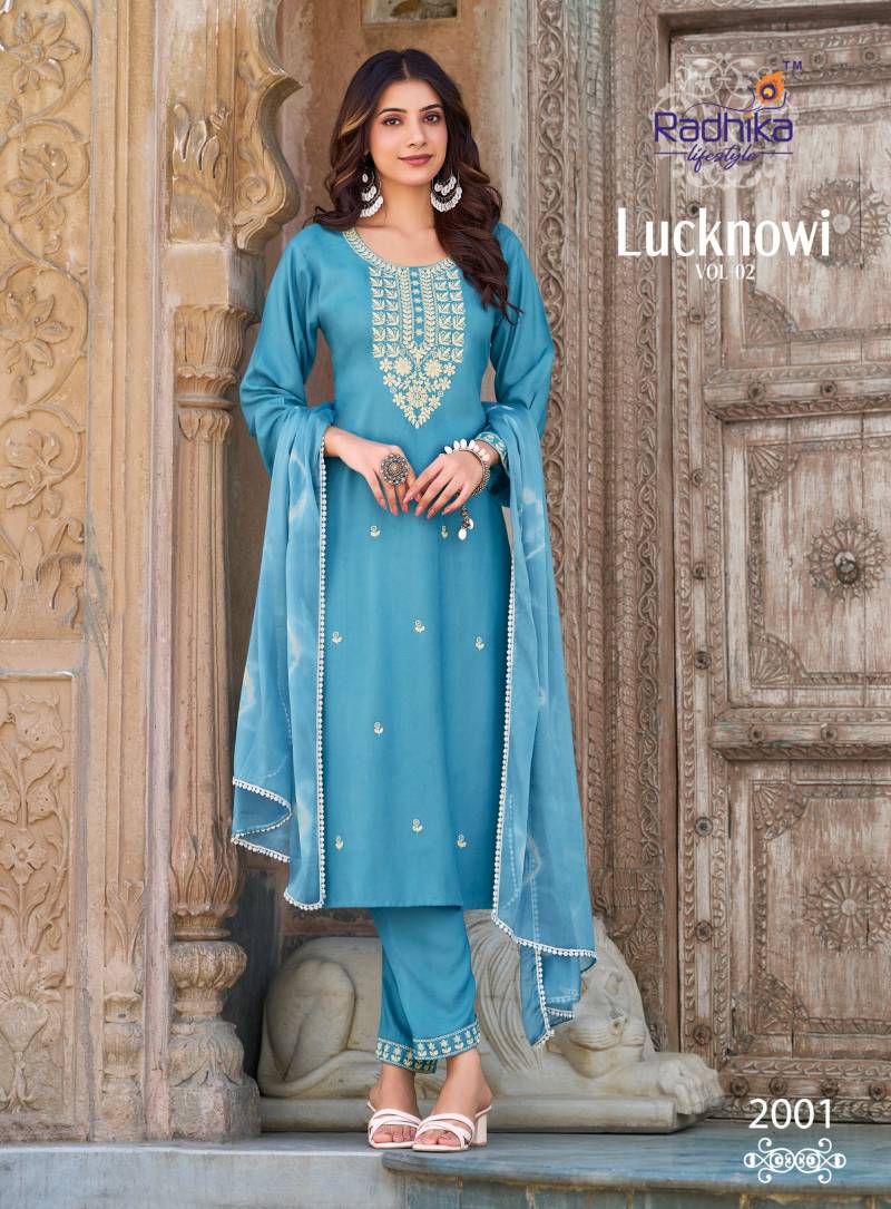 Radhika Lifestyle Radhika Lucknowi Vol 2 Wholesale Rayon Kurti Bottom Dupatta - Image 3