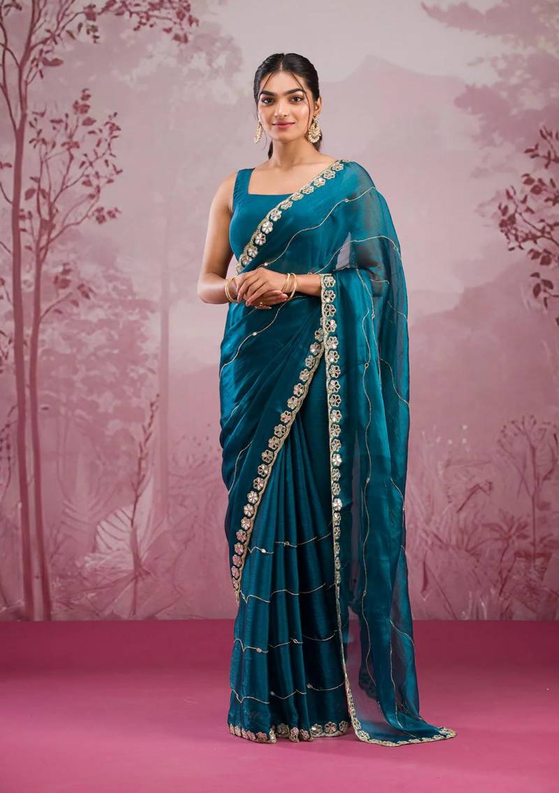 Soft Burberry Silk Embroidered Mirror Work Wholesale Saree