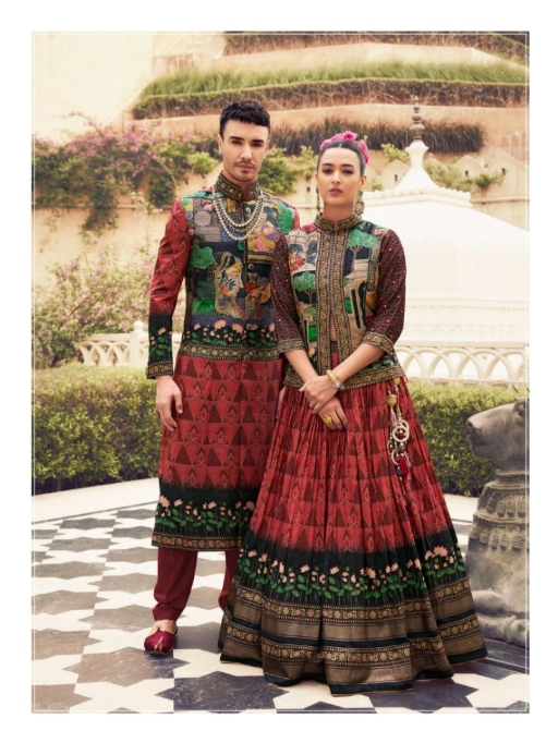 Vishnu Laxmi RS28 Maroon Silk Sherwani And Lehenga Wedding Couple Set - Image 3
