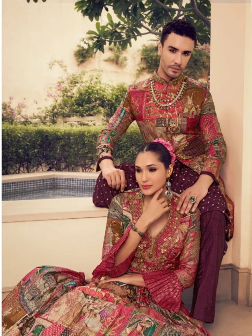 Vishnu Laxmi RS30 Maroon Pink PV Silk Wedding Couple Set - Image 4