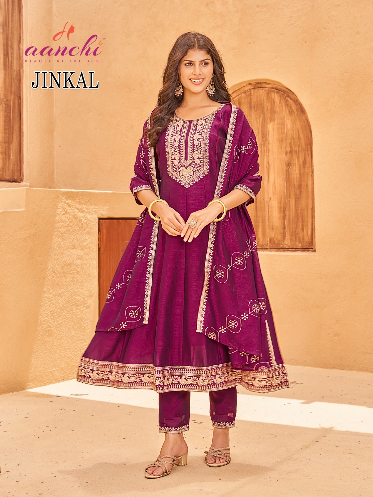 Aanchi Jinkal Wholesale Vichitra Anarkali Kurti With Bottom Dupatta - Image 4