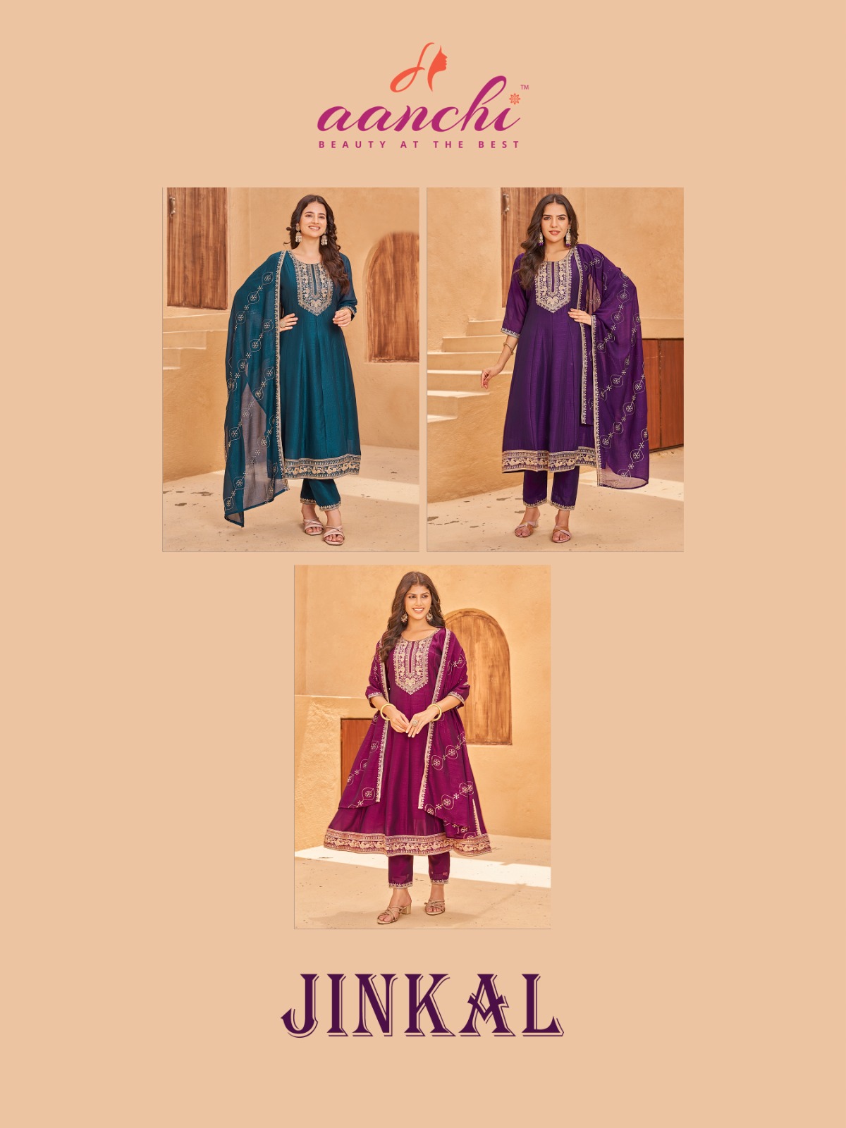 Aanchi Jinkal Wholesale Vichitra Anarkali Kurti With Bottom Dupatta - Image 5
