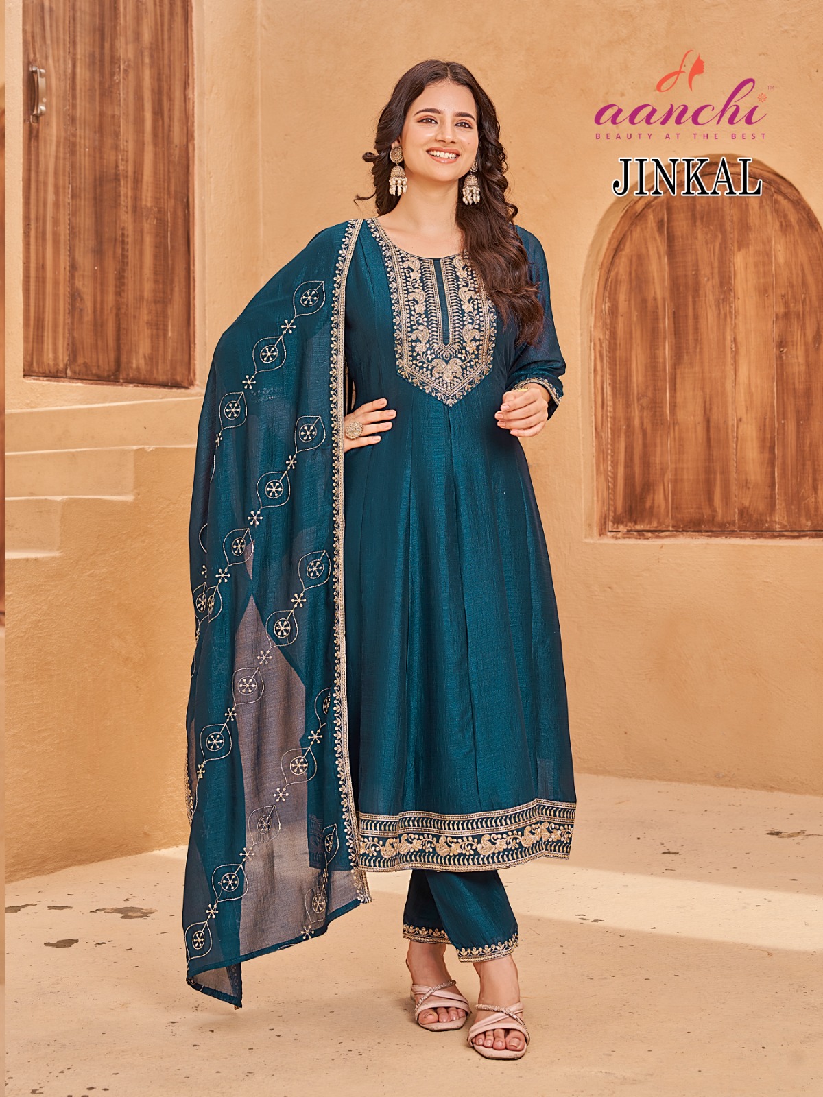 Aanchi Jinkal Wholesale Vichitra Anarkali Kurti With Bottom Dupatta - Image 2