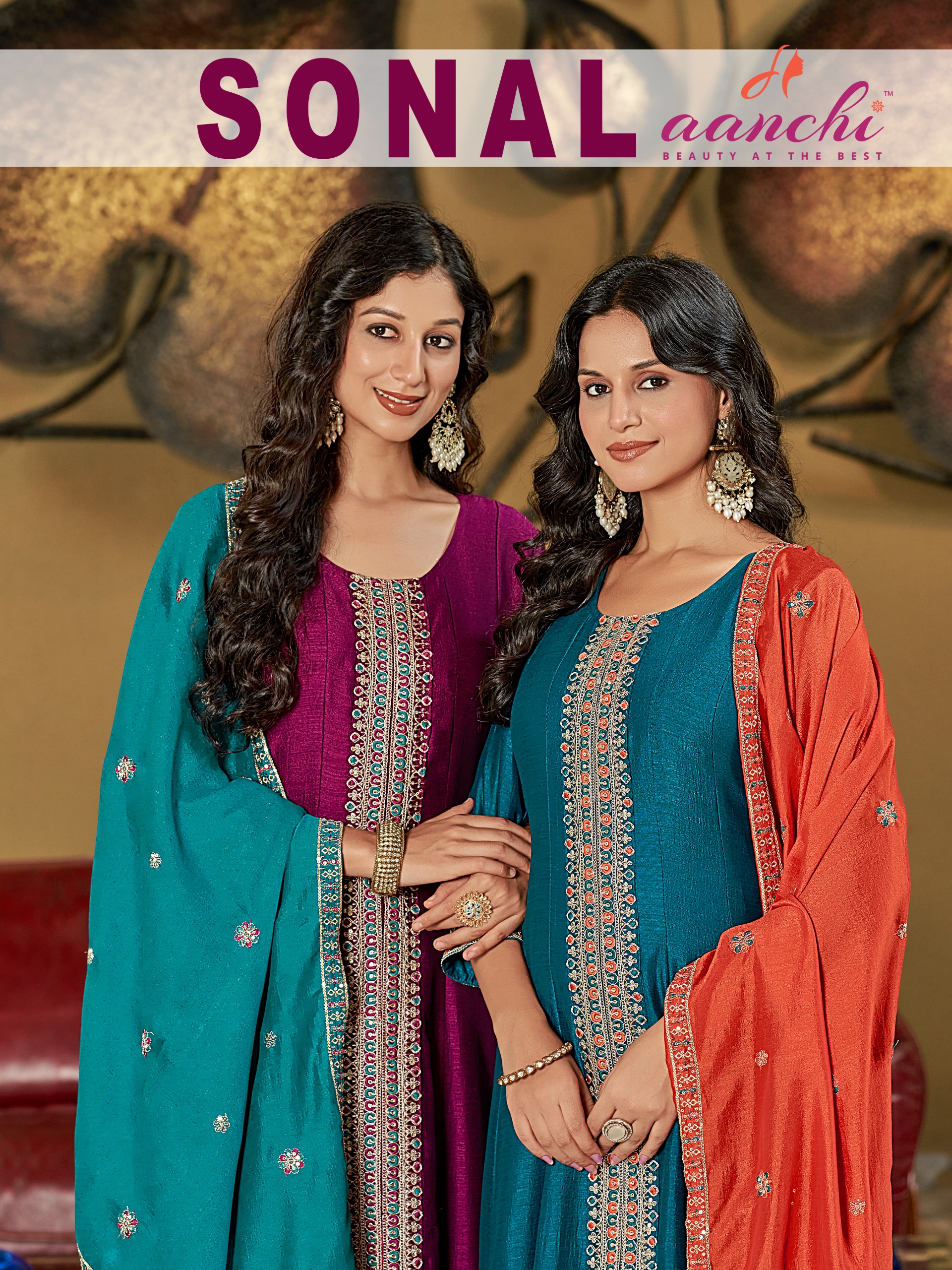 Aanchi Sonal Wholesale Vichitra Silk Flair Anarkali Kurti Catalog