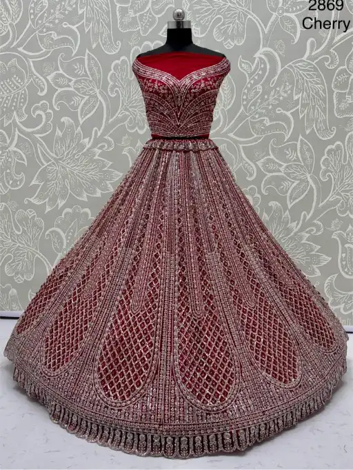 Anjani Cherry Color Heavy Net Designer Bridal Lehenga Choli Collection