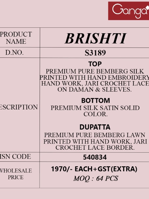 Ganga Brishti 3189 Designer Hand Embroidered Bemberg Silk Suit Catalog - Image 2