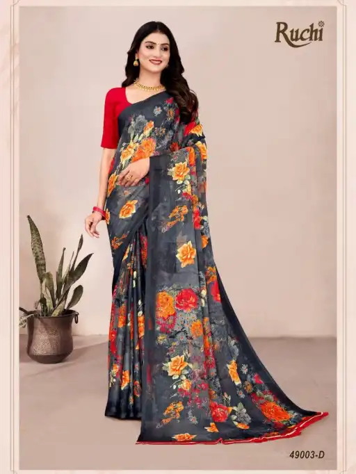 Buy Ruchi Star Chiffon 201 lightweight chiffon sarees at ₹417 + GST. 12 designs, full catalog available at wholesale price from Ruchi Sarees.