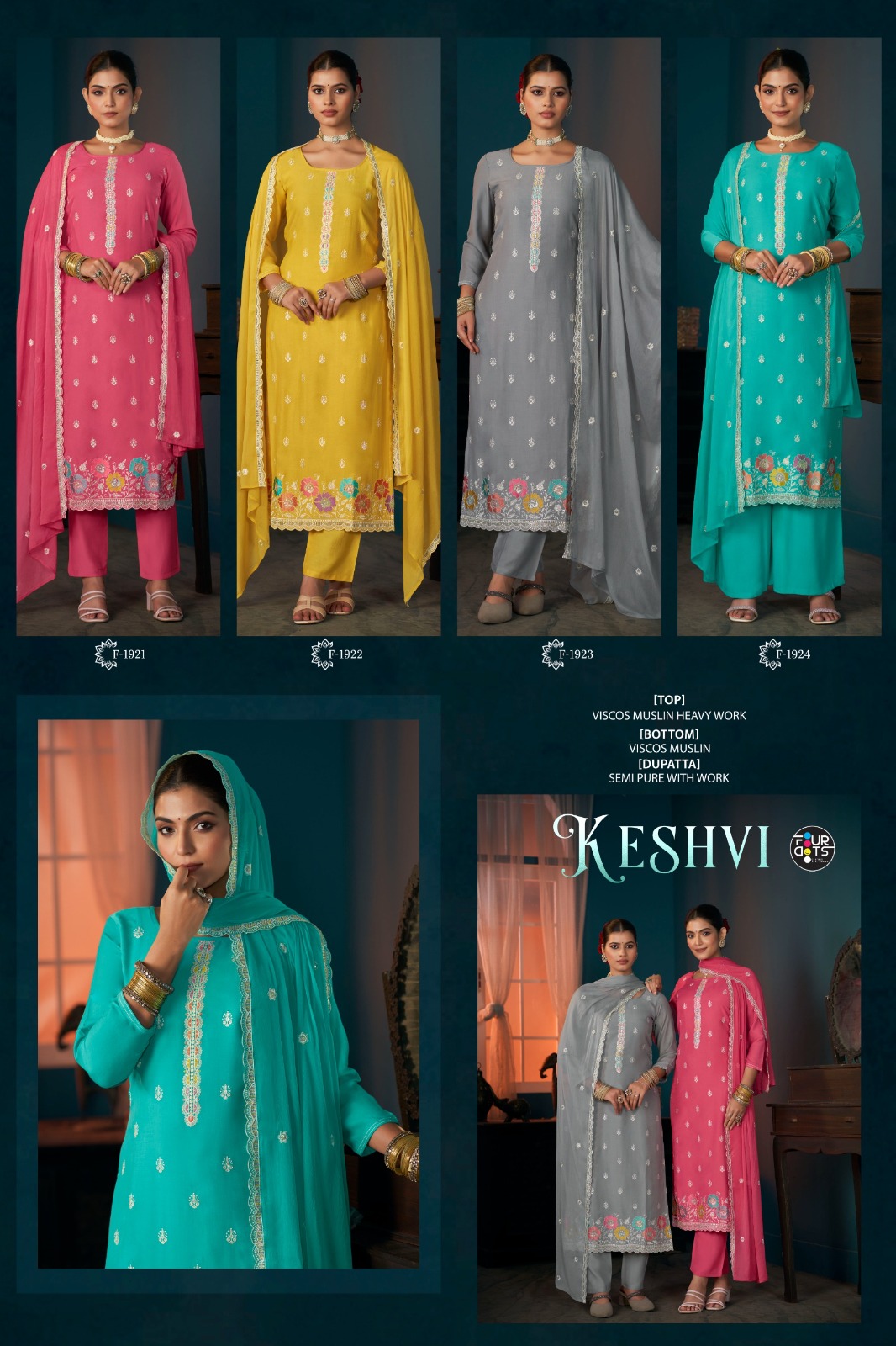 FOURDOTS Keshvi Wholesale Heavy Work Muslin Salwar Suit Collection - Image 6