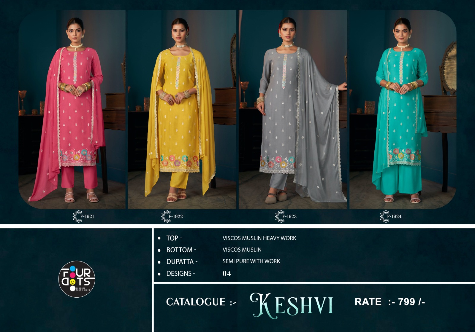 FOURDOTS Keshvi Wholesale Heavy Work Muslin Salwar Suit Collection - Image 7