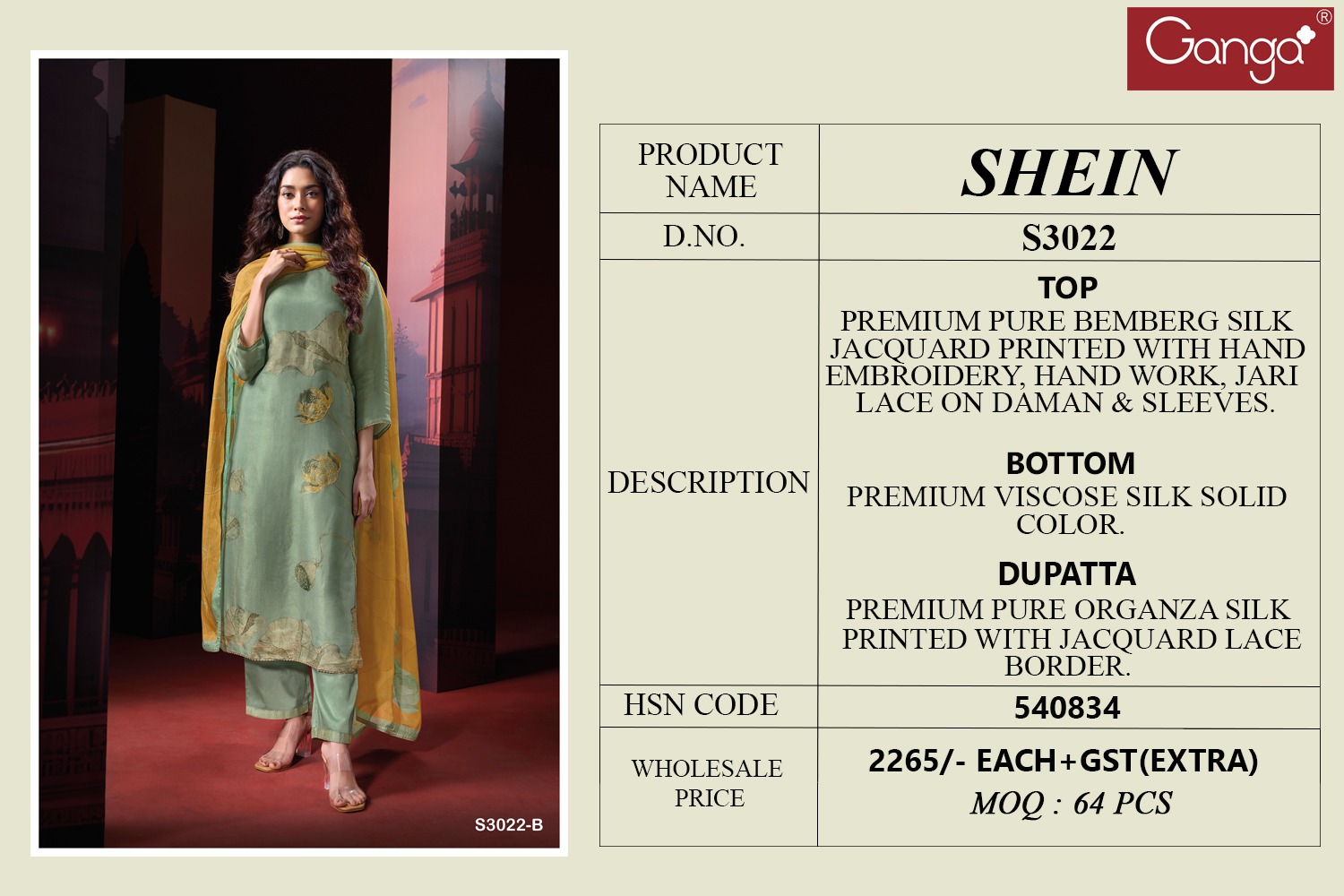 Ganga Shein 3022 Bemberg Silk Salwar Kameez Wholesale Catalog - Image 5