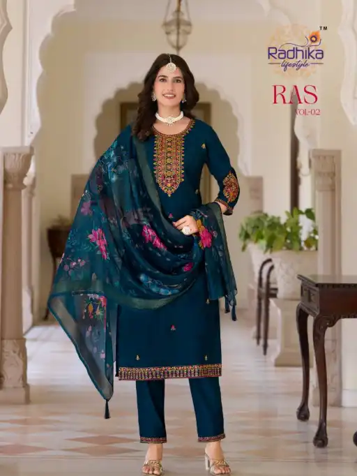 Radhika Ras Vol 2 Wholesale Embroidered Silk Kurti With Bottom Dupatta
