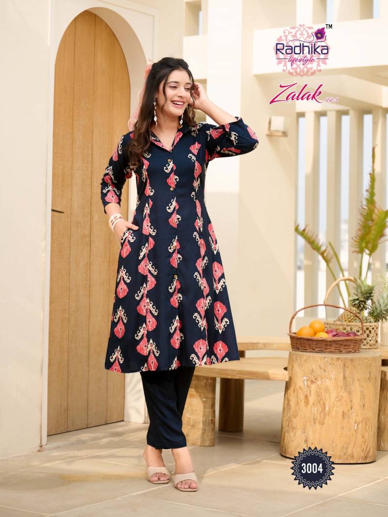 Radhika Zalak Vol 3 Wholesale Rayon Discharge Foil Print Kurti With Bottom