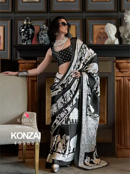 Raj Tex Konzai 405000 Series Premium Silk Satin Crape Saree Catalog