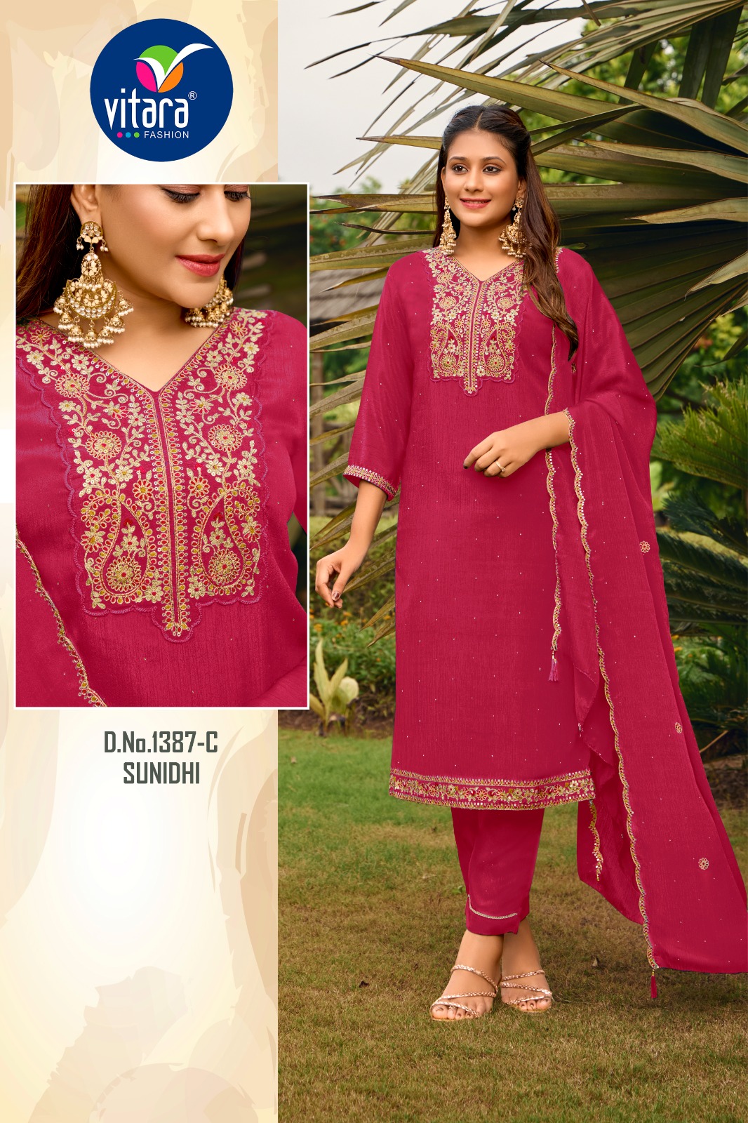 Brand: Vitara Catalog Name: Sunidhi Style: Ethnic Embroidered 3-Piece Suit Set Designs: 8 Size Set: M (38), L (40), XL (42), XXL (44) Occasion: Festive, Partywear, Boutique Wear