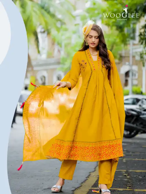 Wooglee Tanya Wholesale Cotton Anarkali Kurti With Bottom Dupatta - Image 3