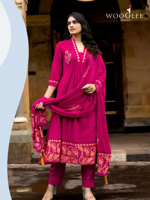 Wooglee Tanya Wholesale Cotton Anarkali Kurti With Bottom Dupatta - Image 4