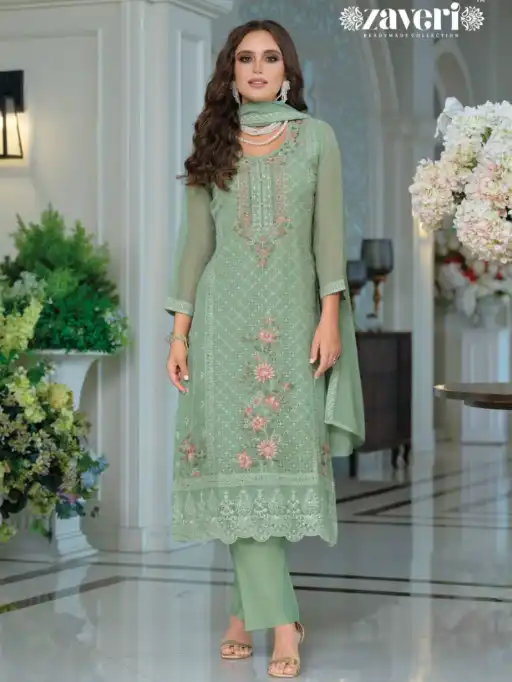 Zaveri Erina Wholesale Organza Embroidery Readymade Suit Catalog