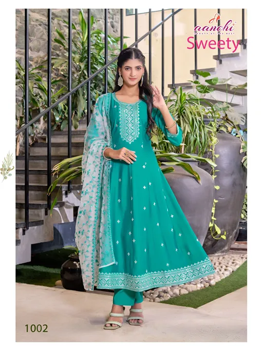 Aanchi Sweety Wholesale Roman Silk Anarkali Kurti With Bottom Dupatta - Image 3
