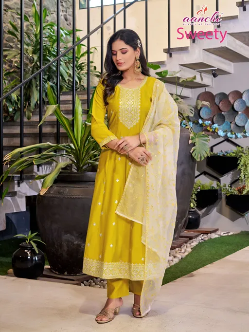 Aanchi Sweety Wholesale Roman Silk Anarkali Kurti With Bottom Dupatta - Image 6