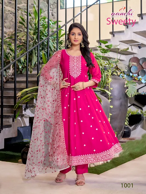 Aanchi Sweety Wholesale Roman Silk Anarkali Kurti With Bottom Dupatta - Image 4