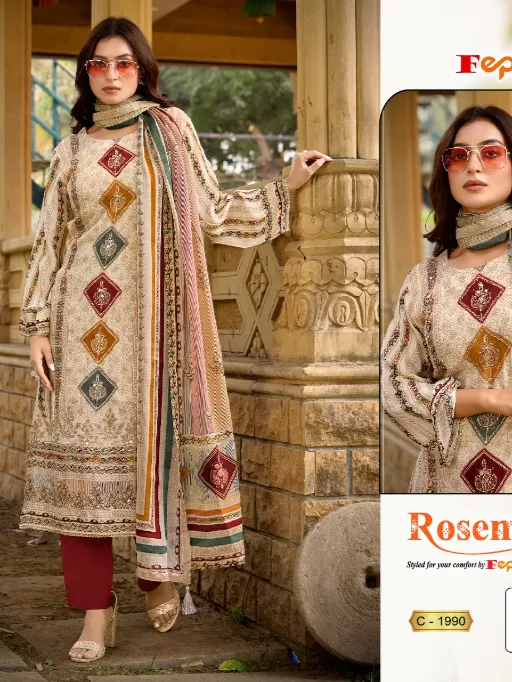 Fepic Rosemeen 1990 Wholesale Pure Natural Crape Printed Pakistani Suit