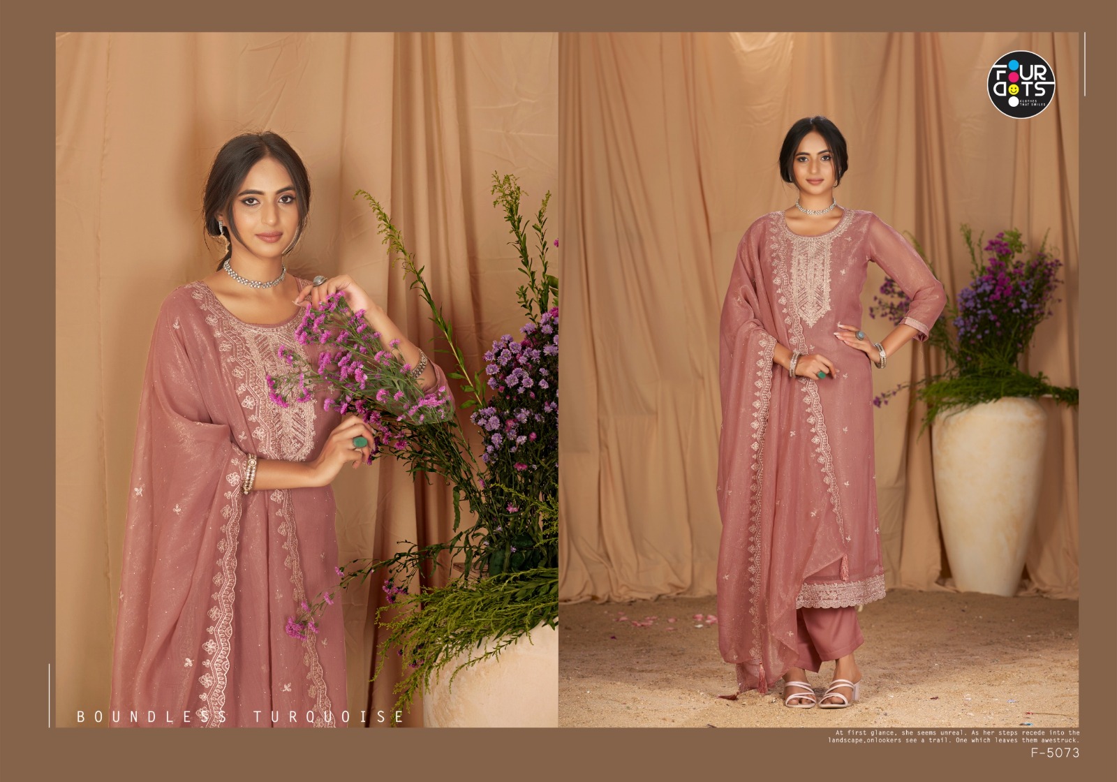 Fourdots Enoch Wholesale Rose Gold Silk With Embroidery Sharara Suit - Image 7