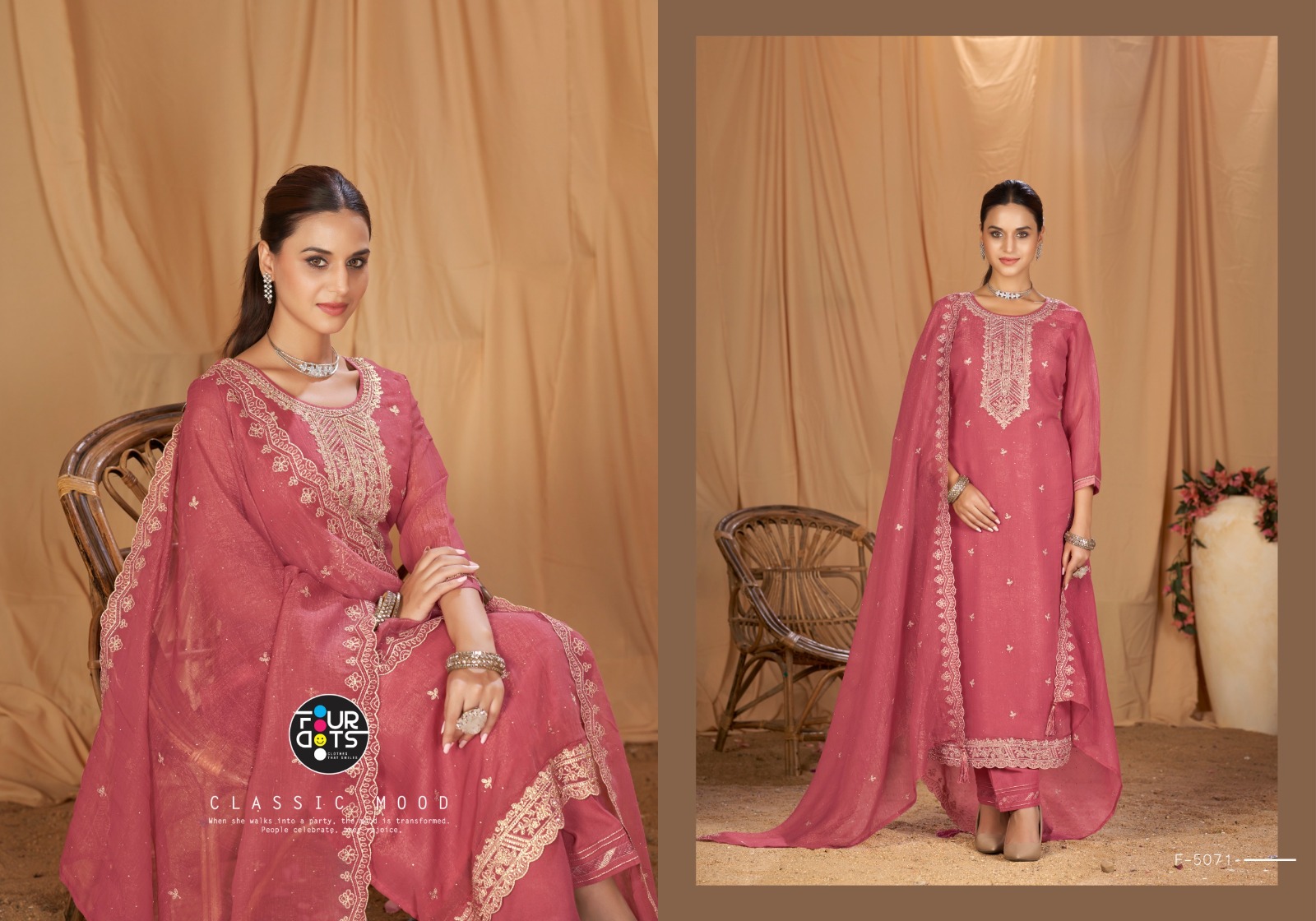 Fourdots Enoch Wholesale Rose Gold Silk With Embroidery Sharara Suit - Image 2