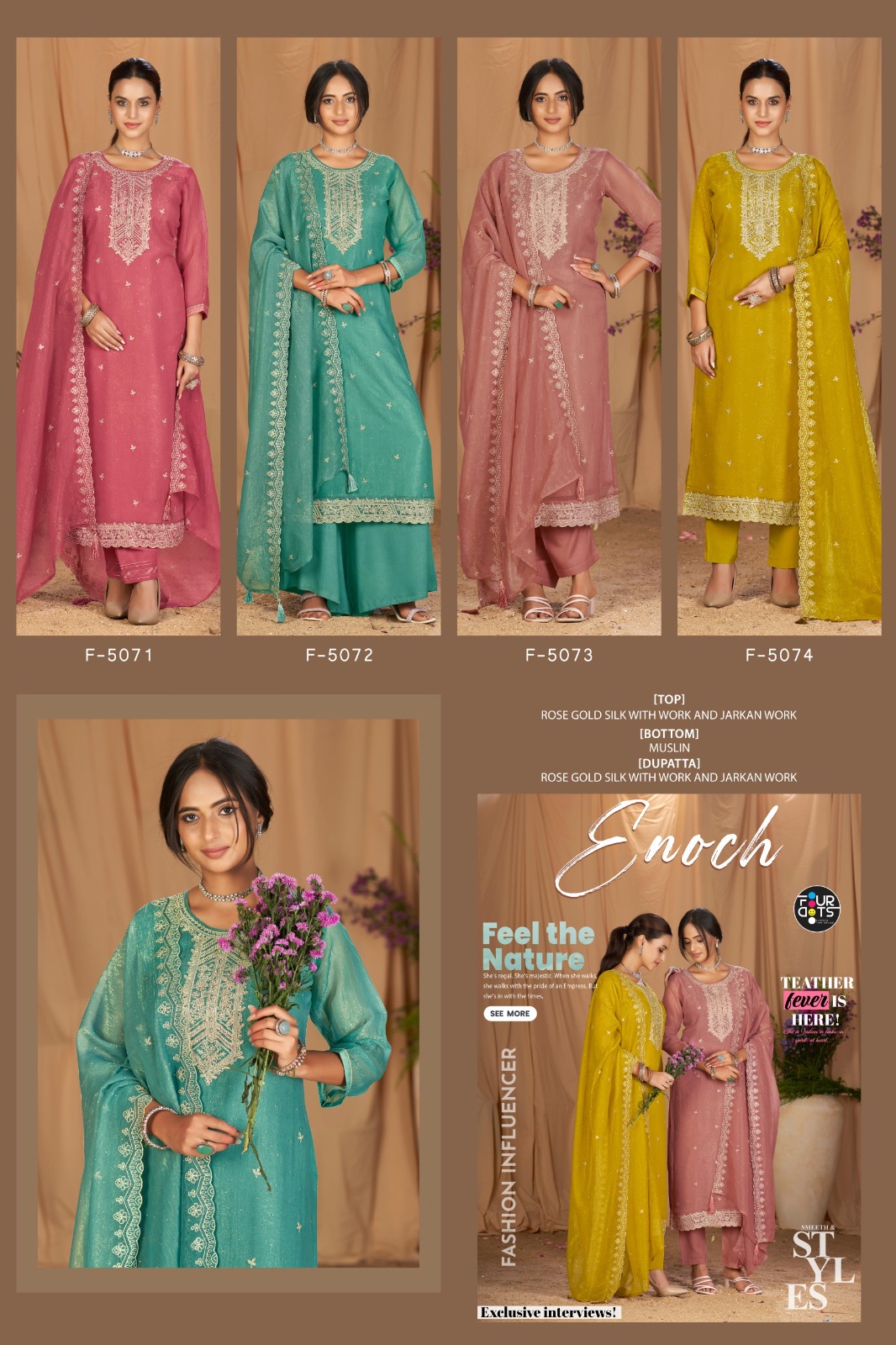 Fourdots Enoch Wholesale Rose Gold Silk With Embroidery Sharara Suit - Image 4