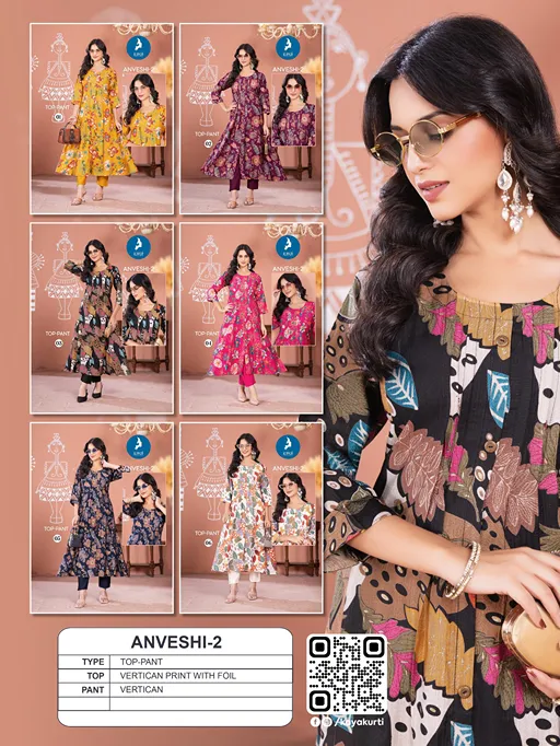 Kaya Anveshi 2 Wholesale Vertical Foil Print Anarkali Kurti With Bottom - Image 10