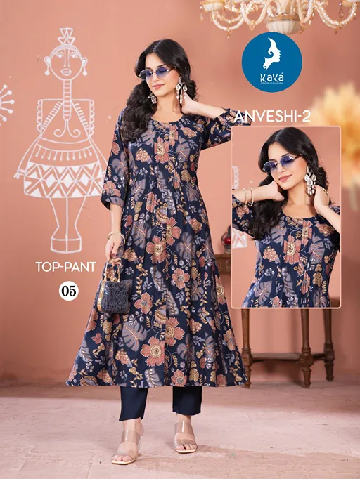 Kaya Anveshi 2 Wholesale Vertical Foil Print Anarkali Kurti With Bottom - Image 6