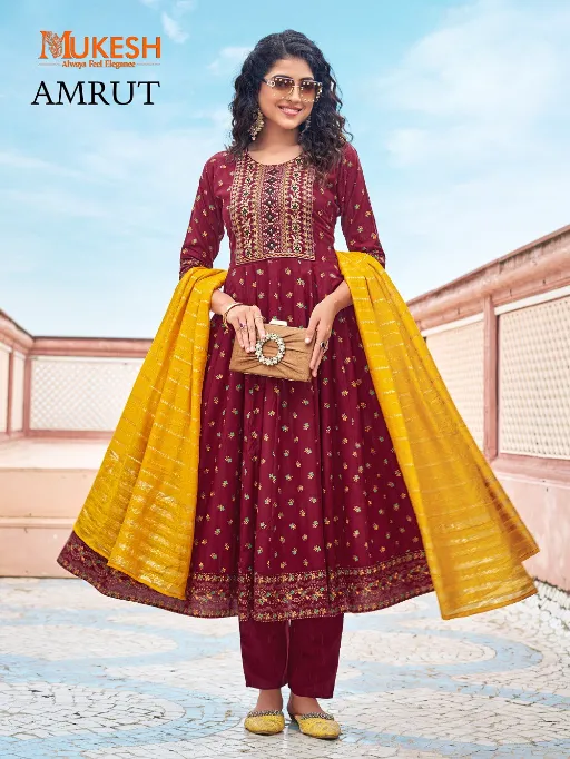 Mukesh Amrut Wholesale Rayon Embroidered Anarkali Kurti Bottom With Dupatta